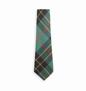 Tolmie Tartan Tie in ancient colours, of green red and gold, on a plain white background.