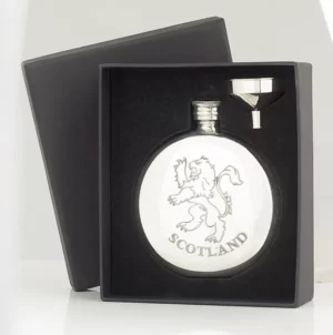 Hip Flasks - This pewter hip flask is nestled upright in its black box.