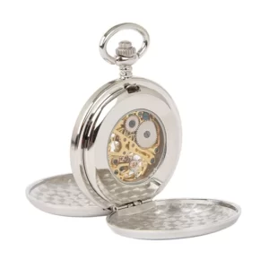 Back view of silver double hunter pocket watch, with both covers open. Show of the inner workings of the mechanical watch.